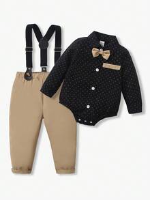 Souflis Souflis 2pcs Baby/Toddler Boys Polka Dot Long Sleeve Bow Tie Shirt With Comfortable Bib Pants Gentleman Outfit, Suitable For Casual, Formal, Party, Halloween, Christmas Occasions Baby Boy Gentleman Outfit Toddler Tuxedo Set Baby Boy Suit Set Infant Classic Bib Pants Baby Boys Holiday Wedding Dress