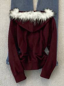 Glimmora 女式连帽修身毛领拉链运动衫，时尚长袖休闲夹克 - 彩色 - 查看 2