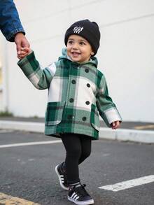 Baby Jungen/Mädchen karierte doppelreihige Kapuzenjacke aus Wollmischung in Mittellänge, lässig und vielseitig für Zuhause undOutdoorn, koreanischer Stil Baby Jungen Jacke in grünem Karomuster, Baby Jungen Jacke, Baby Jungen doppelreihige Jacke, Herbst Winter Kleidung für Kinder - Verschiedenfarbig - Übersicht 1