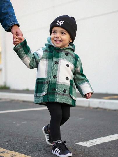 Baby BoyGirls Plaid Double-Breasted Hooded Wool Blend Mid-Length Jacket, Casual All-Match Versatile For Home & Outdoor, Korean Style Baby Boy Jackets Green Plaid JacBaby Boy Boy Jacket Baby Boy Double-Breasted Jacket Autumn Winter Clothes For Women