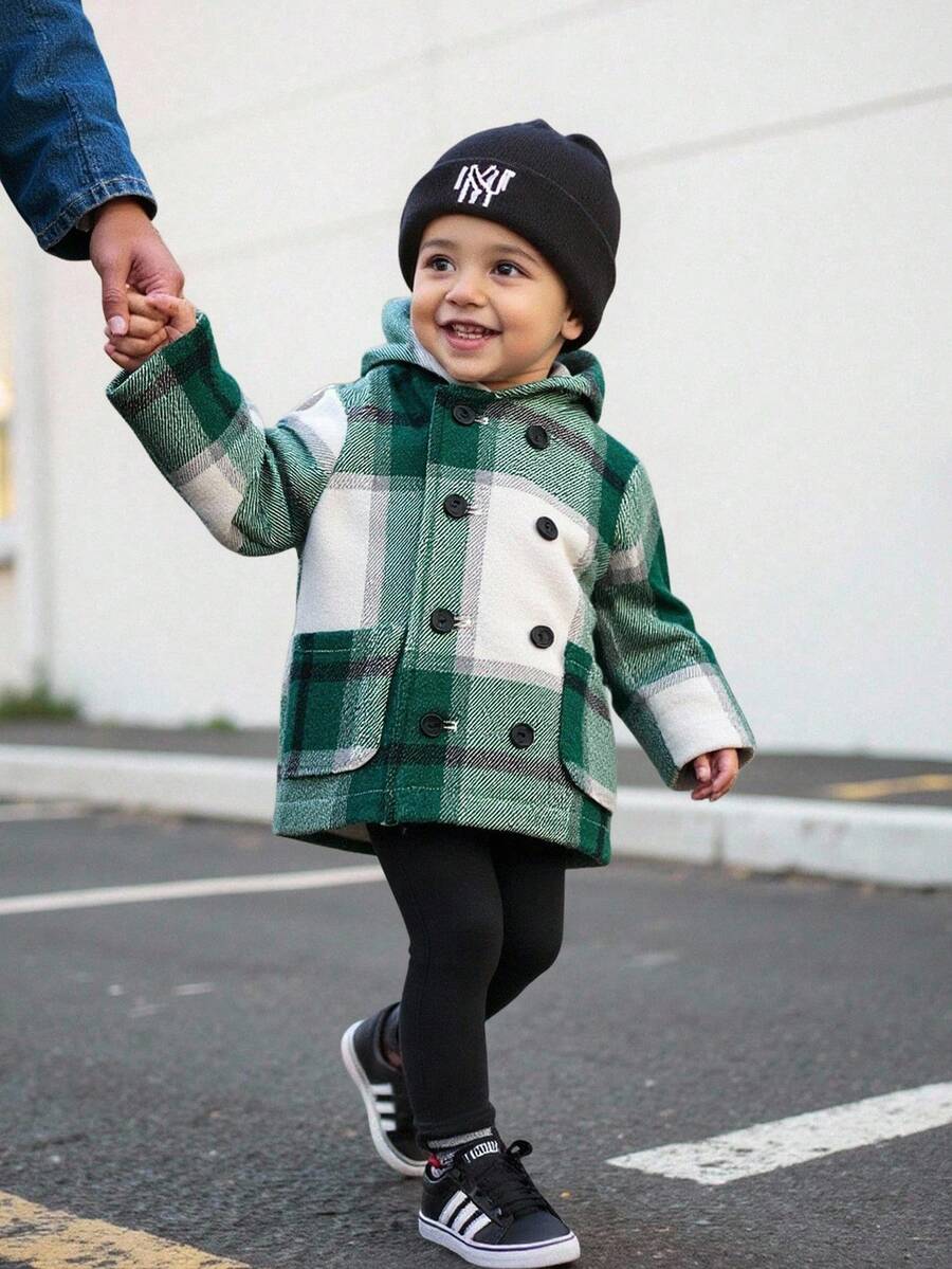 Baby Jungen/Mädchen karierte doppelreihige Kapuzenjacke aus Wollmischung in Mittellänge, lässig und vielseitig für Zuhause undOutdoorn, koreanischer Stil Baby Jungen Jacke in grünem Karomuster, Baby Jungen Jacke, Baby Jungen doppelreihige Jacke, Herbst Winter Kleidung für Kinder - Verschiedenfarbig - Übersicht 1