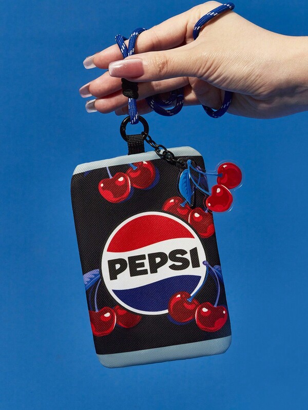 PEPSI X SHEIN 1Pc Change Bag, Can Hold Cards, Coins, Neck Hanging, Cherry Printing, Suitable For Teenagers And Adults