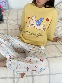 DAZY Cartoon & Letter Graphic Drop Shoulder Top & Pants PJ Set Fall Winter Clothes - Yellow - View 6