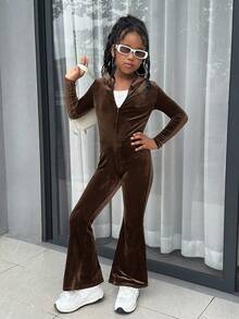 SHEIN Tween Girl Autumn And Winter Casual Fashion All-Match Knitted Velvet Hooded Zipper Back Rhinestone Slim Flared Jumpsuit Trousers, Weekend, Casual Outing, Holiday Party, Christmas - Brown - View 2