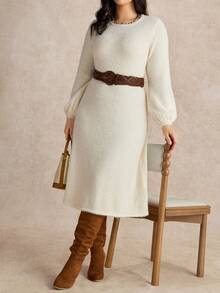 Nubod Ny trendig bantningsklänning i lös stickning i enfärgad plusstorlek - Beige - Visa 3