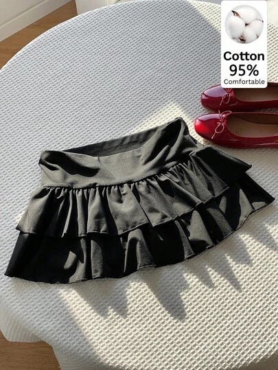 Comfortcana Women's Solid Color Double Ruffle Hem A-Line Skirt, Suitable For Summer