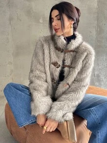 Firerie 女式卡其色立领修身长袖蓬松纽扣仿皮草夹克，秋冬外套，带衬里，适合春秋冬季，优雅、通勤、休闲、日常、工作装、宴会、派对、年会 - 卡其色 - 查看 6