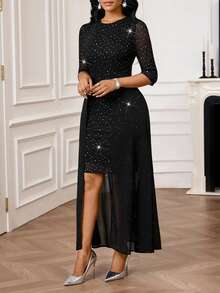 SHEIN Lady Women's Rhinestone Embellished Round Neck 3/4 Sleeve Mesh Splice Tie Design Fitted Elegant Mid-Length Dress - Black - View 6