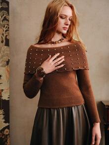 Chiquease Women's Elegant Off-Shoulder Pullover,Rhinestone Long-Sleeved Sweater In Shades Of Brown For Autumn Tea Party,Fall Halloween Party Sweater - Coffee Brown - View 6