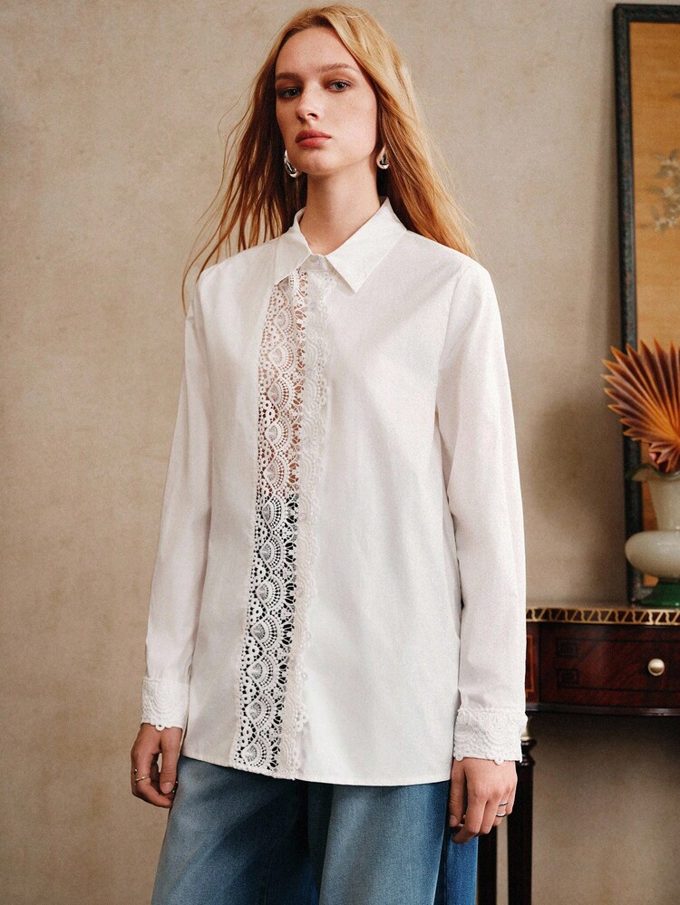Arave 女式 100% 纯棉休闲宽松衬衫，肩部和袖子饰有花卉蕾丝花边 - 米色 - 查看 4