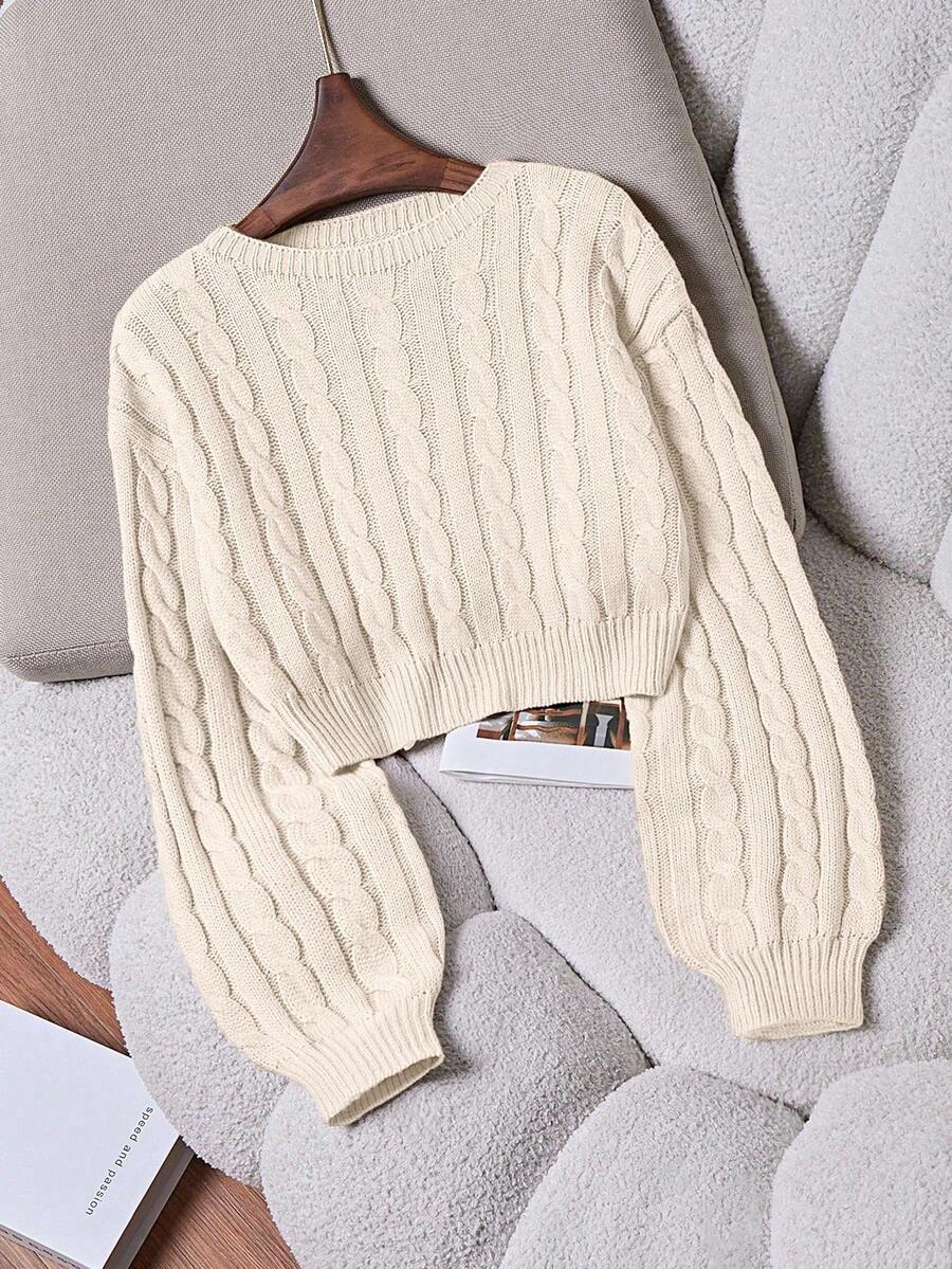 Franclia 女式休闲圆领落肩长袖麻花图案毛衣，秋冬 - 杏色 - 查看 1