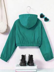 青少年女孩连帽长袖夹克，带有反光条纹和夜光效果，舒适外套 - 綠色 - 查看 2