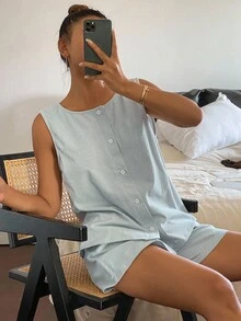 Livesso 女士简约条纹无袖上衣和宽松短裤睡衣套装、家居服、服装 - 藍白色 - 查看 6