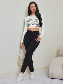 SHEIN Tall 秋冬女式高腰带口袋保暖内衬修身休闲百搭牛仔裤，冬季保暖内衬时尚舒适修身黑色牛仔裤 - 黑色 - 查看 2