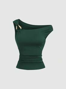 Sweetra Women's Elegant Metal Decor Asymmetric Shoulder Ruched Camisole, Summer - Multicolor - View 4