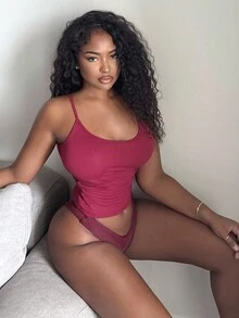 Alexandranx 女士纯色吊带背心，夏季时尚 - 酒紅色 - 查看 4