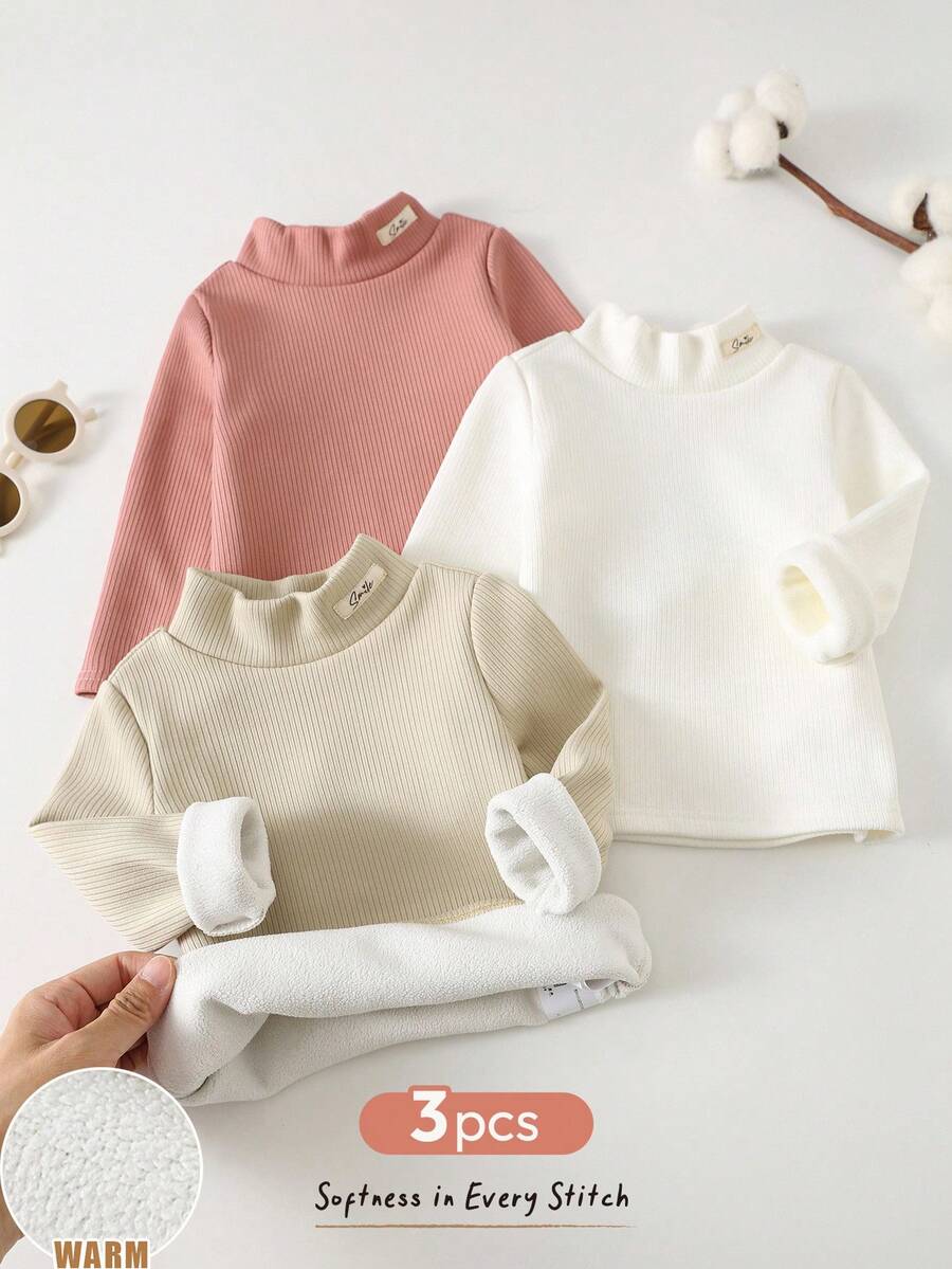 Cozy Pixies 3件套女婴柔软针织高领长袖套头毛衣，罗纹保暖内衬，冬季保暖内衣 - 彩色 - 查看 1