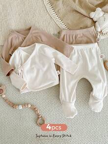 Cozy Pixies 4件套新生儿男/女纯色针织柔软圆领长袖上衣和松紧腰裤套装 - 彩色 - 查看 1