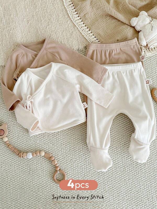 Cozy Pixies 4 pezzi Set neonato/neonata con maglietta a maniche lunghe a collo tondo in maglia tinta unita e pantaloni in vita elastica