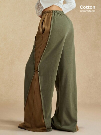 Easelle Vintage Bohemia  Women's Casual Drawstring Waist Patchwork Green Brown Splicing Wide Leg Sweatpants Autumn Clothing For Women
