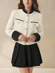 Cévolie Women's Elegant French Style Trim Blazer And Pencil Skirt 2 Pieces Set, Suitable For Commuting - Multicolor - View 1