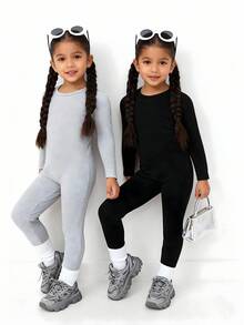 2pcs Girls' Autumn/Winter Solid Color Snug Fit Warm Romper, Soft Material For Comfortable Wear, Suitable For Home, Spring/Autumn/Winter Girls Ribbed Set Girl Long Sleeves Outfits 2piece Girls Sets Long Sleeve Sets Girls Girls Matching Outfit