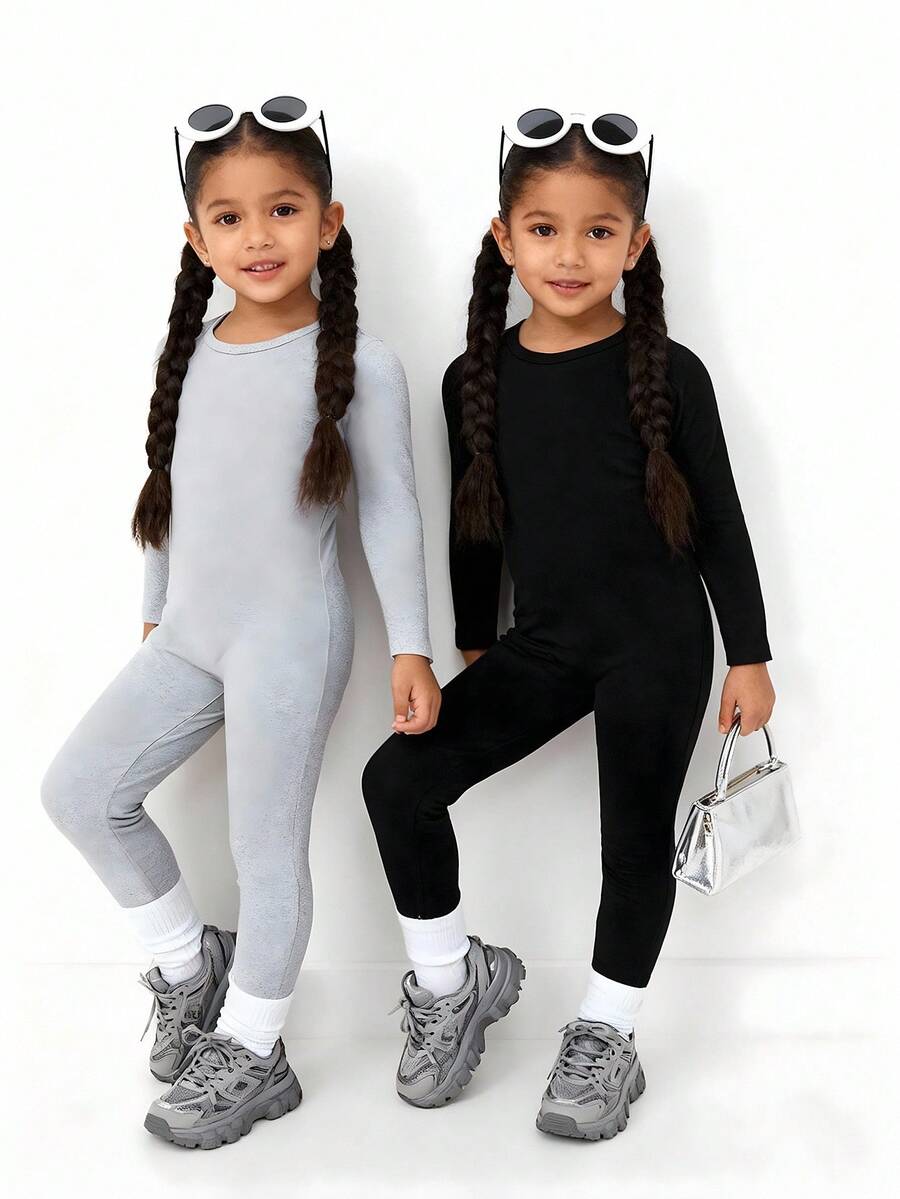 2pcs Girls' Autumn/Winter Solid Color Snug Fit Warm Romper, Soft Material For Comfortable Wear, Suitable For Home, Spring/Autumn/Winter Girls Ribbed Set Girl Long Sleeves Outfits 2piece Girls Sets Long Sleeve Sets Girls Girls Matching Outfit