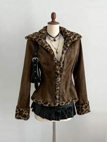 Sweetra Y2K Retro Varsity Style Cropped Jacket With Fleece Collar For Women, Fitted Silhouette, Autumn/Winter - Coffee Brown - View 1