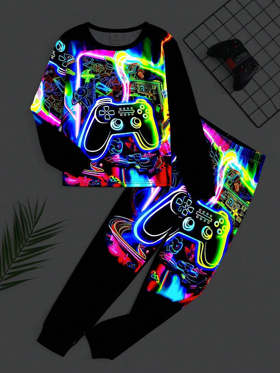 SHEIN 2 件套青少年男孩舒适贴身卡通游戏控制器图案圆领长袖 T 恤和紧身裤休闲舒适睡衣套装 - 藍色 - 查看 1