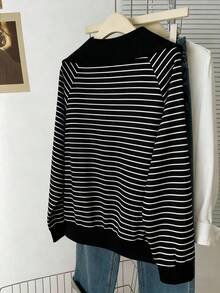 INAWLY Letter Embroidery Polo Collar Zip-Up Striped Long Sleeve Sweatshirt - Black - View 2