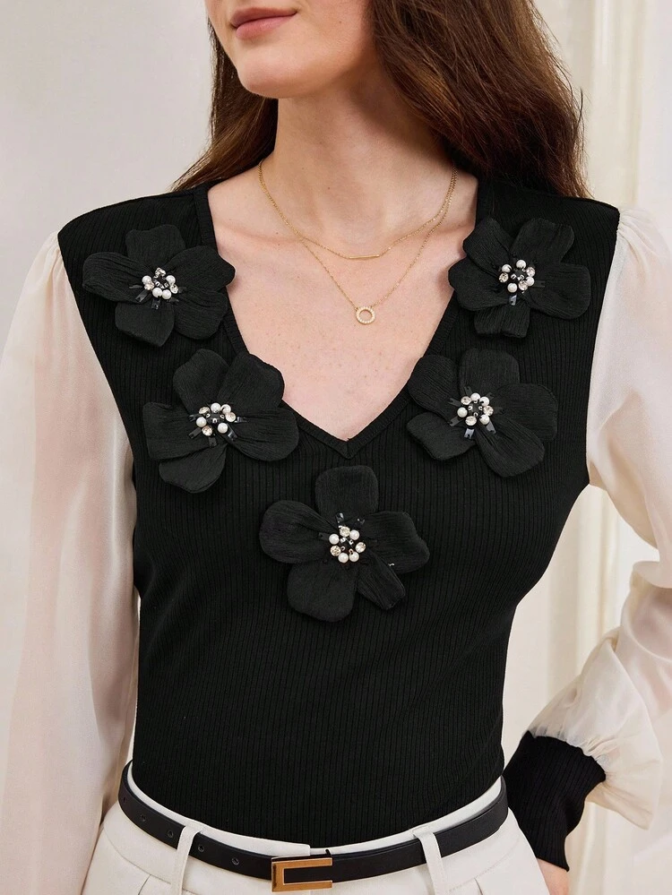 Women's Elegant Party Colorblock Floral Decor T-Shirt