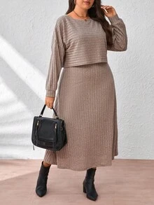 EMERY ROSE فستان كاجوال مضلع محبوك بياقة دائرية وأكمام طويلة منسدلة للنساء ذوات الأحجام الكبيرة - كاكي - مشاهدة 4