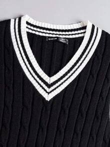 EASEVO 大码男士条纹和麻花V领无袖针织上衣，适合秋冬