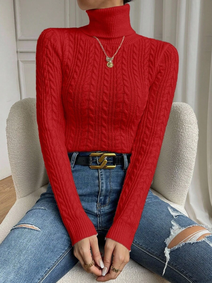 SHEIN LUNE 秋冬休闲纯色高领毛衣 - 紅色 - 查看 1