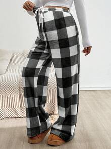 SHEIN 孕妇格子抽绳腰口袋阔腿宽松抓绒裤，秋冬 - 黑與白 - 查看 3
