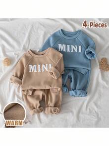 Loomiva 4pcs/Set Baby Girls Thermal Lined Mini Letter Graphic Print Crew Neck Long Sleeve Sweatshirt And Elastic Waist Jogger Pants Set, Comfortable, Versatile, Fashionable For Casual, Indoor, Outdoor, Daily Wear, Sports, Play, Party, Festival, Halloween, Christmas, New Year - Multicolor - View 1