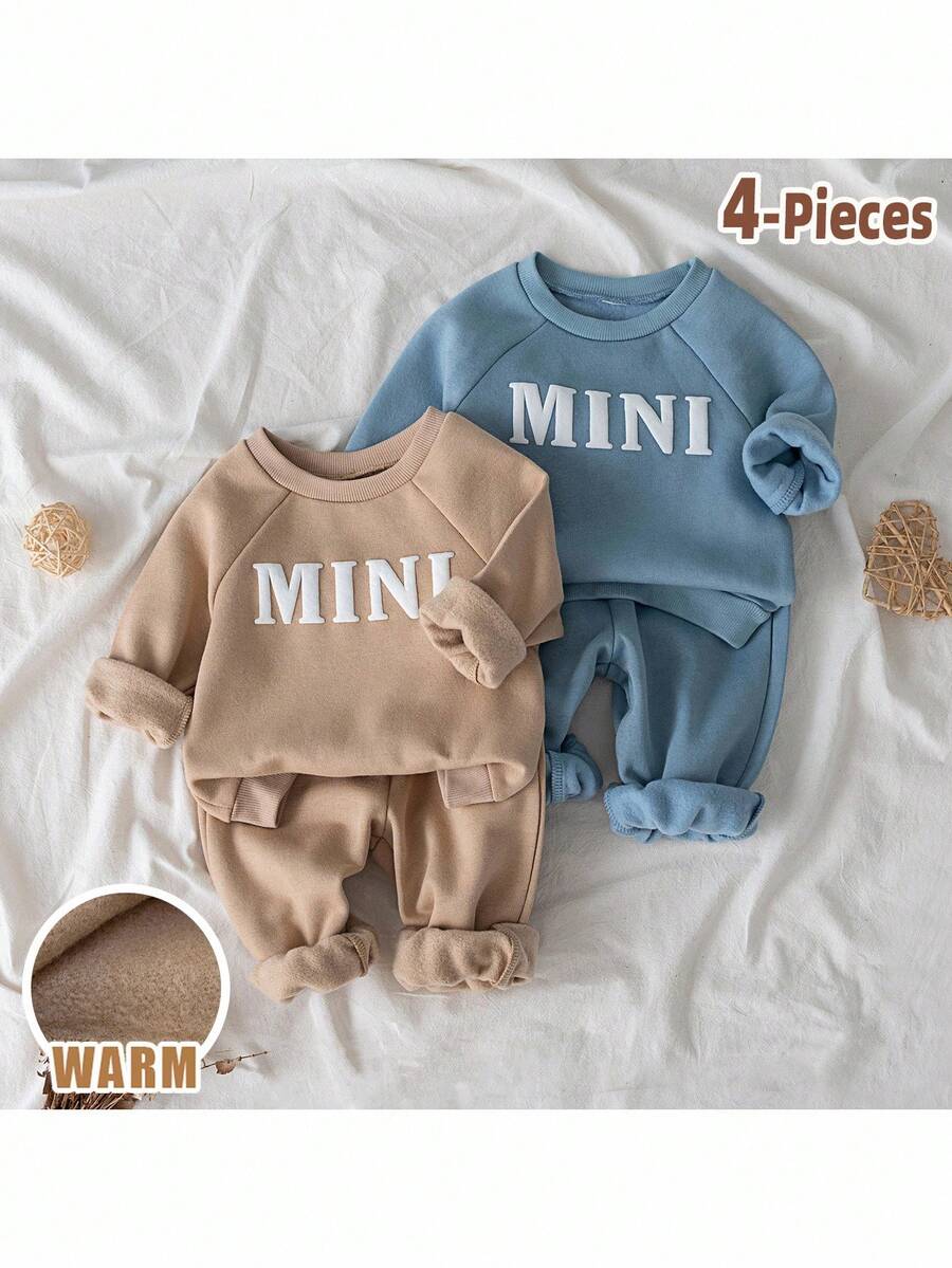 Loomiva 4pcs/Set Baby Girls Thermal Lined Mini Letter Graphic Print Crew Neck Long Sleeve Sweatshirt And Elastic Waist Jogger Pants Set, Comfortable, Versatile, Fashionable For Casual, Indoor, Outdoor, Daily Wear, Sports, Play, Party, Festival, Halloween, Christmas, New Year - Multicolor - View 1