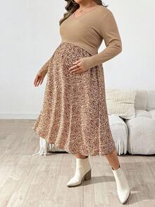 SHEIN Vestido plus size para maternidade, casual, estampa floral, gola sobreposta, cintura ajustável, primavera/outono - Damasco - Ver 3