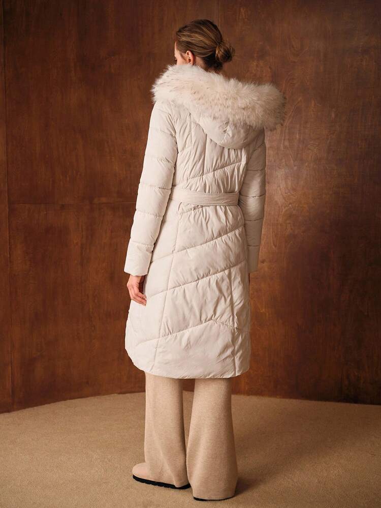 QUILTED FUZZY TRIM HOODED WINTER COAT
