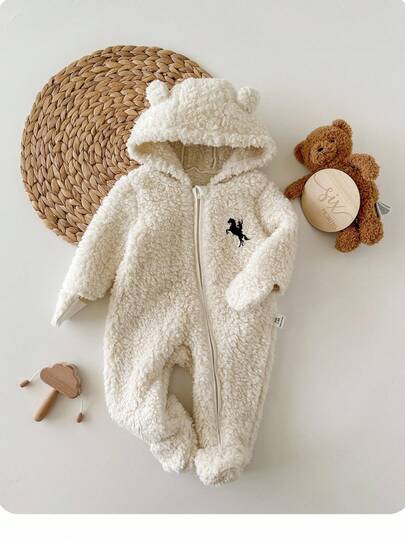 1 件装新生儿休闲、舒适、时尚双面羊毛衫，带有可爱的图案和连帽连体衣，适合生日派对、日常使用、旅行、郊游、圣诞节假期穿着以及秋冬季。