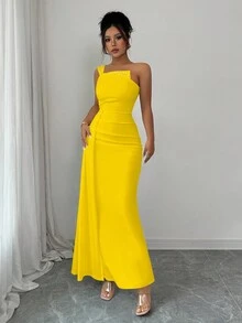 Rafferiza Women's Asymmetric Neck Beaded Ruched Waist Bodycon Dress - Yellow - View 5