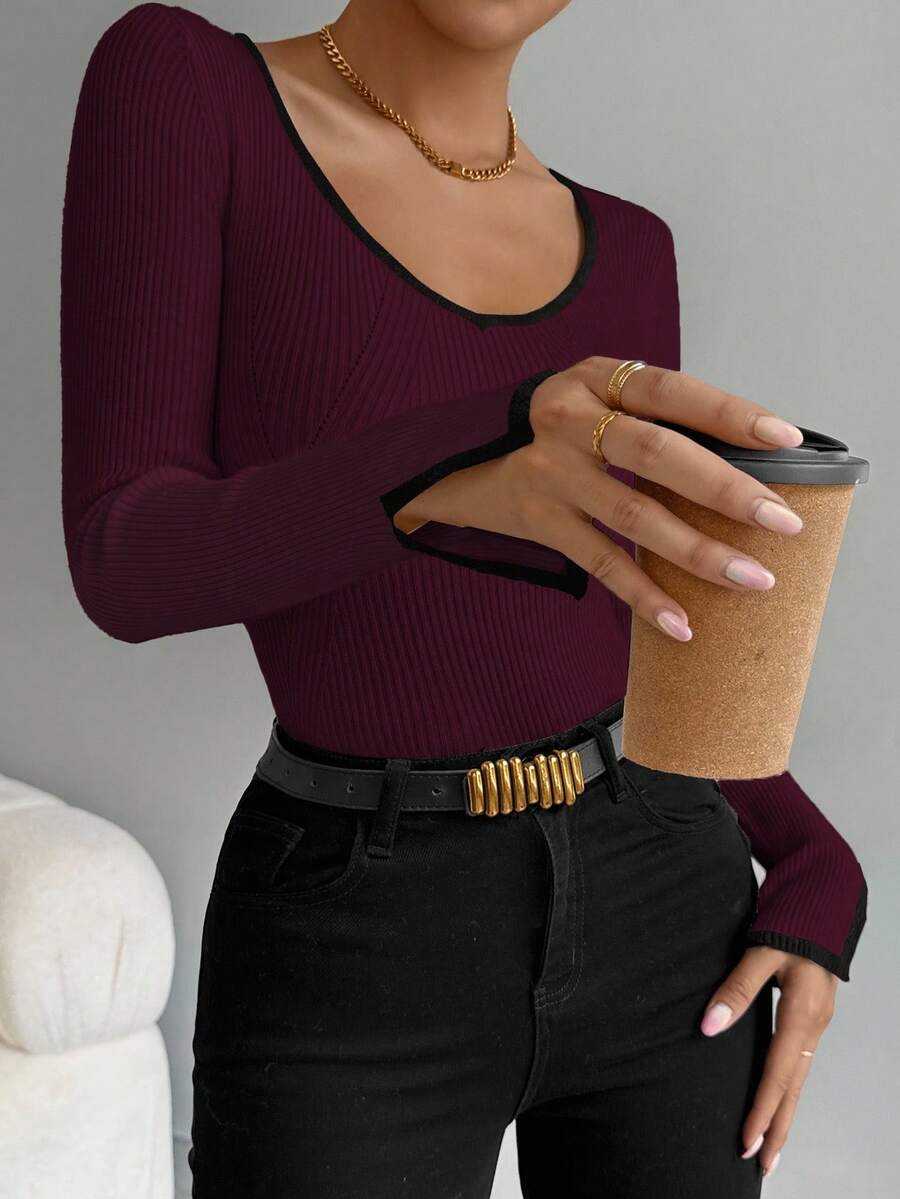 Celisse Black Trim, Slit Cuff, Casual Fitted Women Sweater - Multicolor - View 1