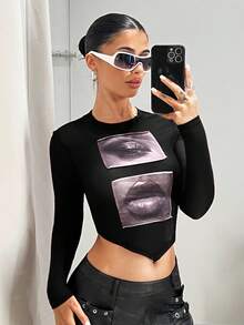 SHEIN ICON Women's Eyes And Lips Printed Cropped Black Top - Black - View 5