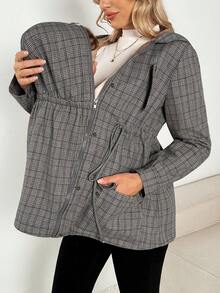 SHEIN Pregnant Women's Plaid Print Thermal-Lined Hooded Pocket 3-In-1 Long Sleeve Jacket, Autumn/Winter Plus Size Jackets Flannels For Women Shackets For Women Fall Women Clothes Maternity Clothes Fall Winter