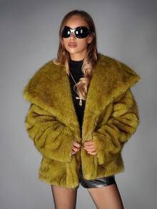 SHEIN ICON 女式黑色浸染绿色仿皮草夹克，秋冬 - 綠色 - 查看 7