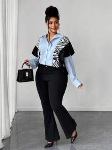 Maweii 大码秋季休闲拼布斑马纹前扣荷叶边长袖衬衫 - 彩色 - 查看 5