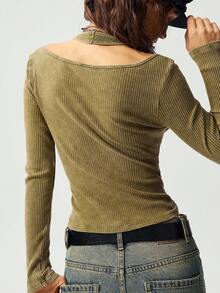 Bohemela 1 Áo thun dệt kim dài tay dáng ôm màu trơn dành cho nữ, thường ngày - xanh quân đội - Xem 6