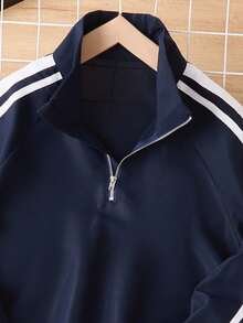 2pcs/Set Jaket Kasual Kerah Tegak Setengah Resleting untuk Anak Laki-laki dengan Desain Pita, Cocok untuk Sekolah, Perjalanan, dan Pakaian Olahraga di Musim Gugur/Dingin - Navy Blue - View 4