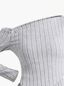 SHEIN 2 件套青少年女孩斜肩罗纹修身长袖上衣 + 直筒裤套装 - 灰色 - 查看 5