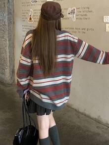 DAZY 女士休闲条纹韩版翻领长袖毛衣 - 灰色 - 查看 4